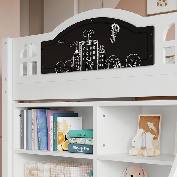 3ft Single Storage Bed with Built-in Blackboard for Drawing, High Sleeper Bed with Inclined Staircase, 196.5L x 132W x 96H cm, White+Black Aosom UK