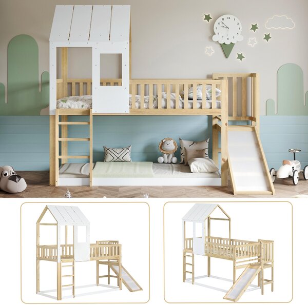 Wooden High Sleeper Bed with Slide and 3‑Step Ladder for Children, Bunk Bed with Playhouse Roof, 240.5L x 137.5W x 221H cm, White+Natural Aosom UK
