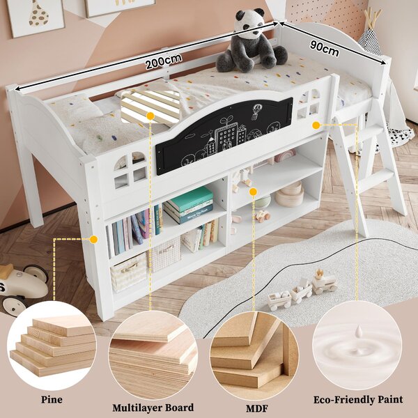 3ft Single Storage Bed with Built-in Blackboard for Drawing, High Sleeper Bed with Inclined Staircase, 196.5L x 132W x 96H cm, White+Black Aosom UK