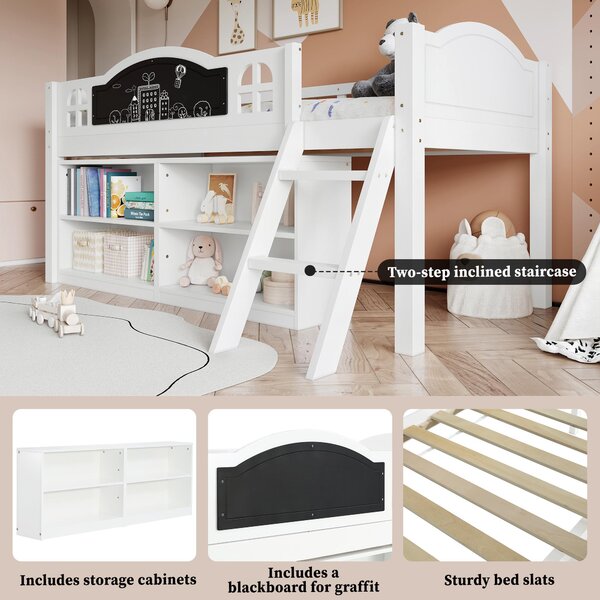 3ft Single Storage Bed with Built-in Blackboard for Drawing, High Sleeper Bed with Inclined Staircase, 196.5L x 132W x 96H cm, White+Black Aosom UK