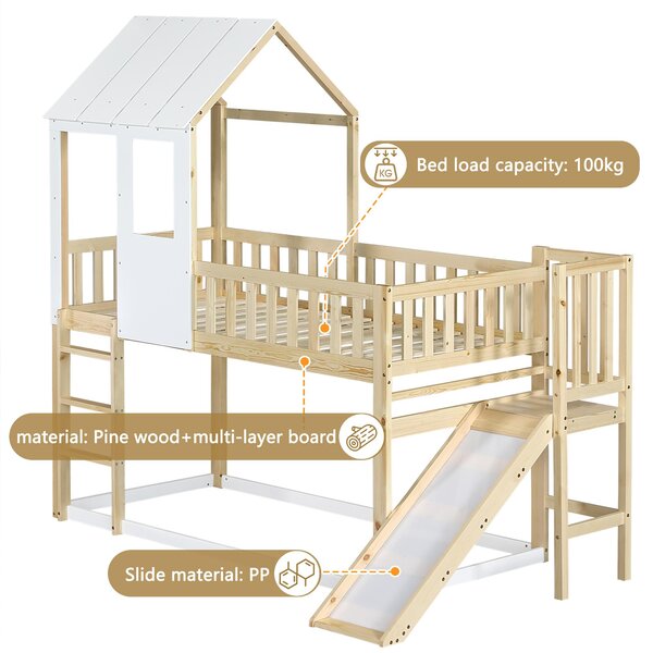 Wooden High Sleeper Bed with Slide and 3‑Step Ladder for Children, Bunk Bed with Playhouse Roof, 240.5L x 137.5W x 221H cm, White+Natural Aosom UK