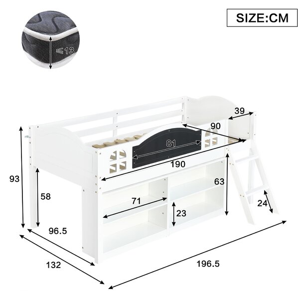 3ft Single Storage Bed with Built-in Blackboard for Drawing, High Sleeper Bed with Inclined Staircase, 196.5L x 132W x 96H cm, White+Black Aosom UK