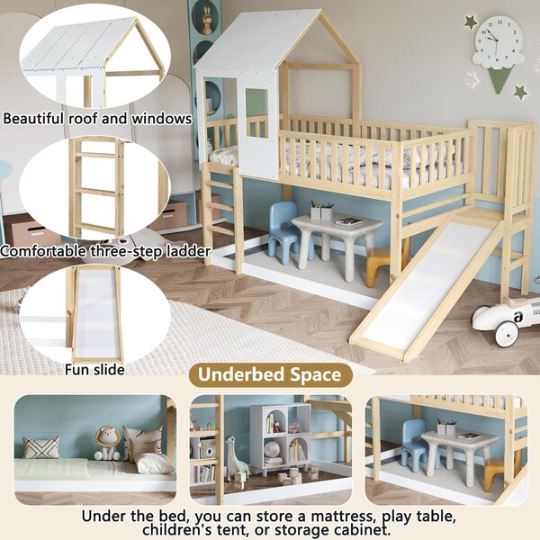 Wooden High Sleeper Bed with Slide and 3‑Step Ladder for Children, Bunk Bed with Playhouse Roof, 240.5L x 137.5W x 221H cm, White+Natural Aosom UK