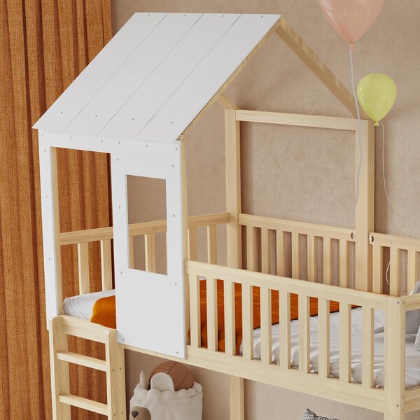 Wooden High Sleeper Bed with Slide and 3‑Step Ladder for Children, Bunk Bed with Playhouse Roof, 240.5L x 137.5W x 221H cm, White+Natural Aosom UK
