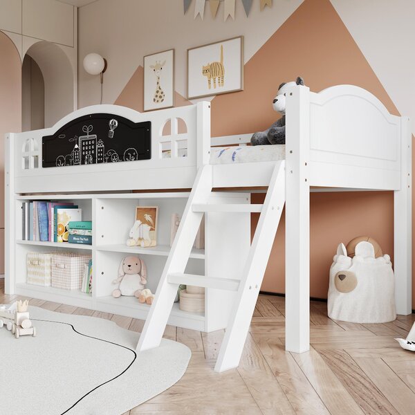 3ft Single Storage Bed with Built-in Blackboard for Drawing, High Sleeper Bed with Inclined Staircase, 196.5L x 132W x 96H cm, White+Black Aosom UK