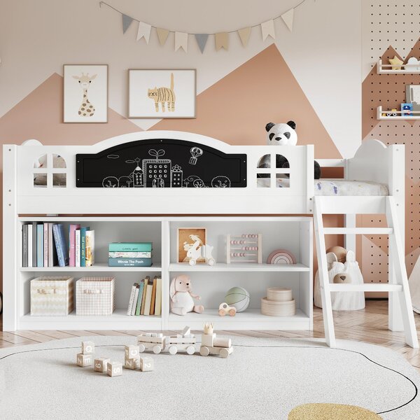 3ft Single Storage Bed with Built-in Blackboard for Drawing, High Sleeper Bed with Inclined Staircase, 196.5L x 132W x 96H cm, White+Black Aosom UK