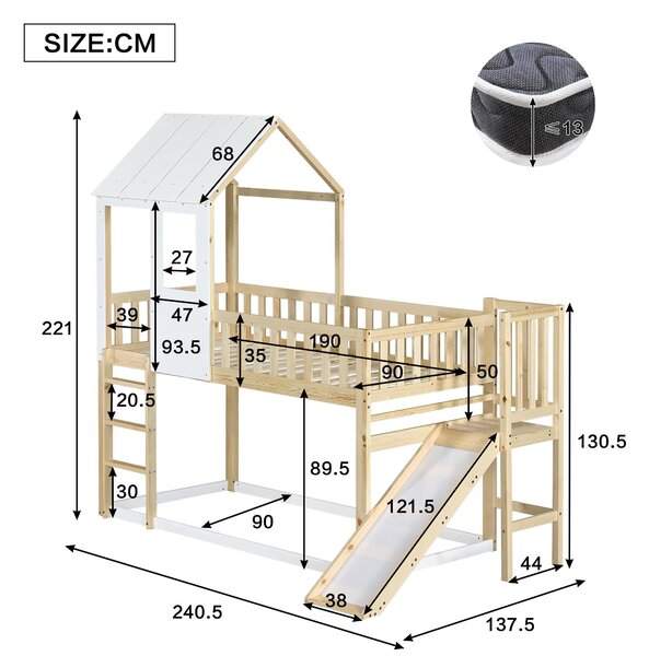 Wooden High Sleeper Bed with Slide and 3‑Step Ladder for Children, Bunk Bed with Playhouse Roof, 240.5L x 137.5W x 221H cm, White+Natural Aosom UK
