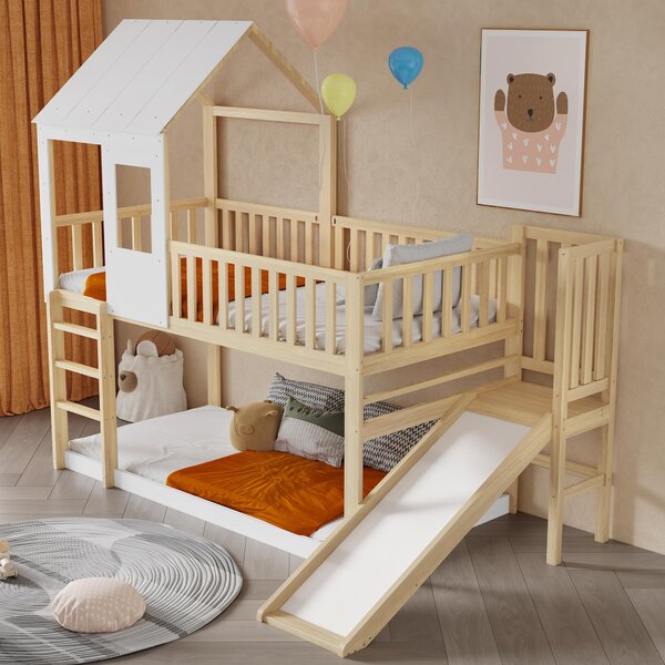 Wooden High Sleeper Bed with Slide and 3‑Step Ladder for Children, Bunk Bed with Playhouse Roof, 240.5L x 137.5W x 221H cm, White+Natural Aosom UK