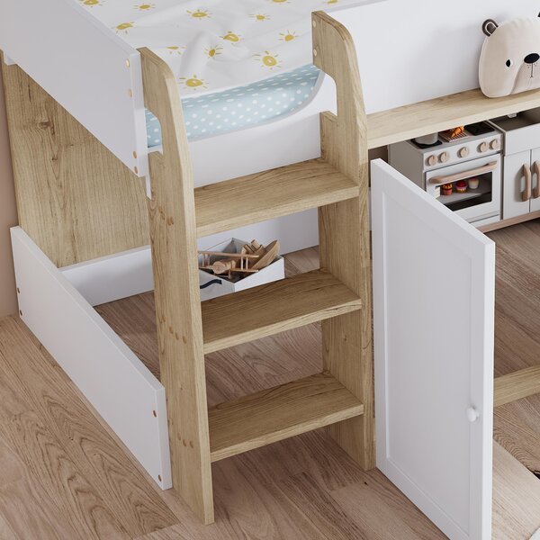 3ft Single High Sleeper Bed with Customisable Under-Bed Space, 3-Step Ladder Bed Frame for Children, 195L x 118W x 109H cm, White+Natural Aosom UK