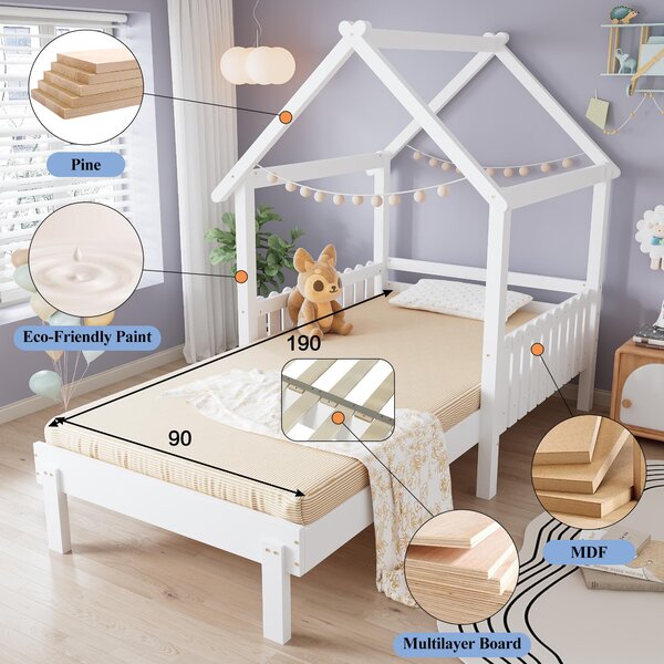 3ft Single Wooden Bed with Pull-Out Trundle and Sturdy Plywood Slats, Versatile Bed Frame for Bedrooms, 197L x 107.5W x 139H cm, White Aosom UK