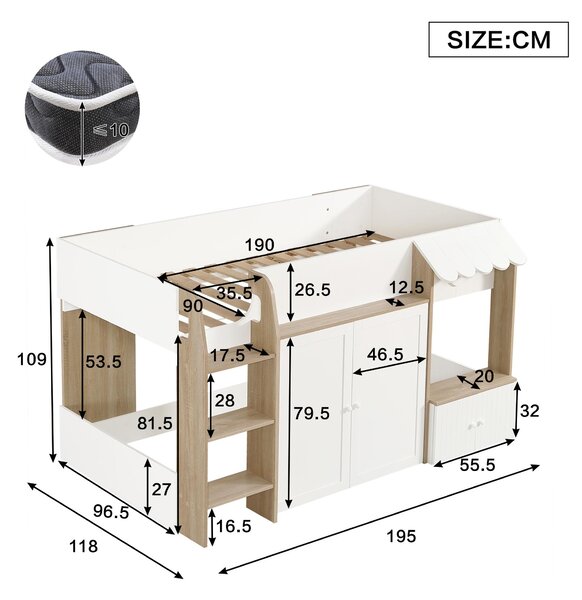 3ft Single High Sleeper Bed with Customisable Under-Bed Space, 3-Step Ladder Bed Frame for Children, 195L x 118W x 109H cm, White+Natural Aosom UK