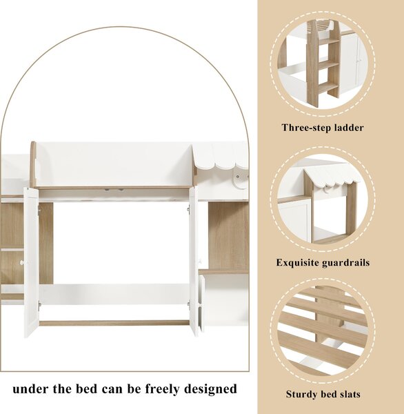 3ft Single High Sleeper Bed with Customisable Under-Bed Space, 3-Step Ladder Bed Frame for Children, 195L x 118W x 109H cm, White+Natural Aosom UK