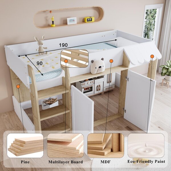 3ft Single High Sleeper Bed with Customisable Under-Bed Space, 3-Step Ladder Bed Frame for Children, 195L x 118W x 109H cm, White+Natural Aosom UK