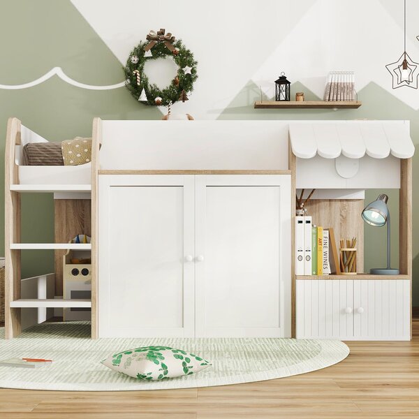 3ft Single High Sleeper Bed with Customisable Under-Bed Space, 3-Step Ladder Bed Frame for Children, 195L x 118W x 109H cm, White+Natural Aosom UK