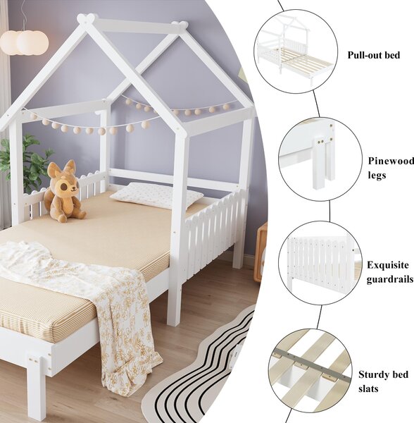 3ft Single Wooden Bed with Pull-Out Trundle and Sturdy Plywood Slats, Versatile Bed Frame for Bedrooms, 197L x 107.5W x 139H cm, White Aosom UK