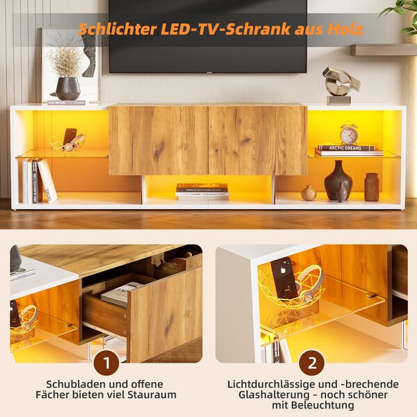 Modern TV Stand with 2 Drawers and 5 Open Compartments, TV Cabinet with App-controlled LED Lights, 160L x 40W x 42H cm, White+Wood Aosom UK