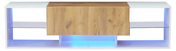 Modern TV Stand with 2 Drawers and 5 Open Compartments, TV Cabinet with App-controlled LED Lights, 160L x 40W x 42H cm, White+Wood Aosom UK