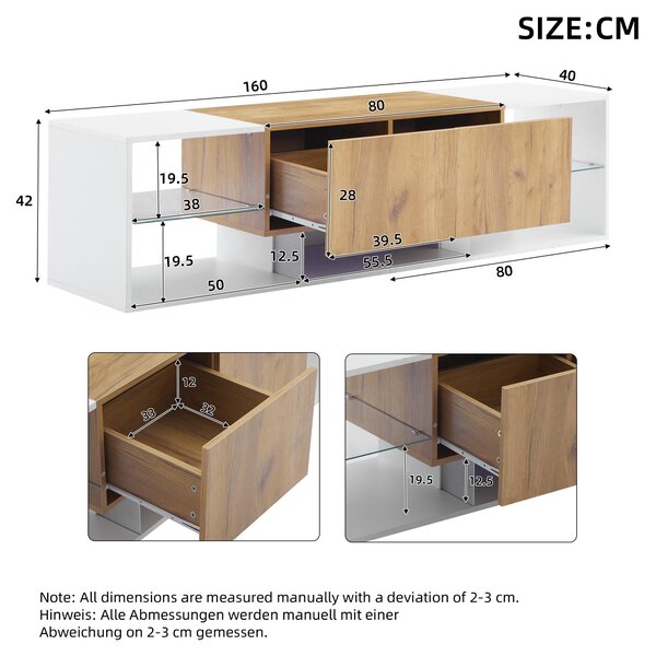 Modern TV Stand with 2 Drawers and 5 Open Compartments, TV Cabinet with App-controlled LED Lights, 160L x 40W x 42H cm, White+Wood Aosom UK
