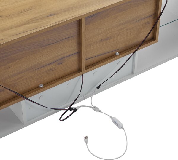 Modern TV Stand with 2 Drawers and 5 Open Compartments, TV Cabinet with App-controlled LED Lights, 160L x 40W x 42H cm, White+Wood Aosom UK