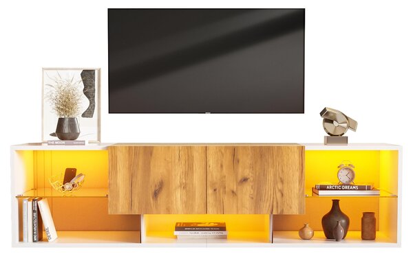 Modern TV Stand with 2 Drawers and 5 Open Compartments, TV Cabinet with App-controlled LED Lights, 160L x 40W x 42H cm, White+Wood Aosom UK
