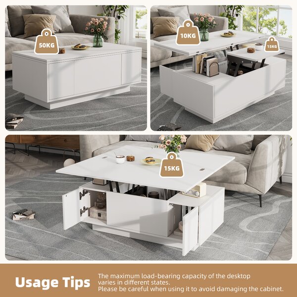 Lift-Up Coffee Table With 2 Doors, 2 Liftable Tops, 2 Cabinets, Particleboard Centre Desk With Hidden Storage, 100L x 50W x 55.5H cm, White Aosom UK