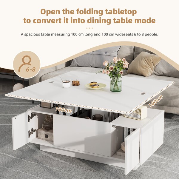 Lift-Up Coffee Table With 2 Doors, 2 Liftable Tops, 2 Cabinets, Particleboard Centre Desk With Hidden Storage, 100L x 50W x 55.5H cm, White Aosom UK