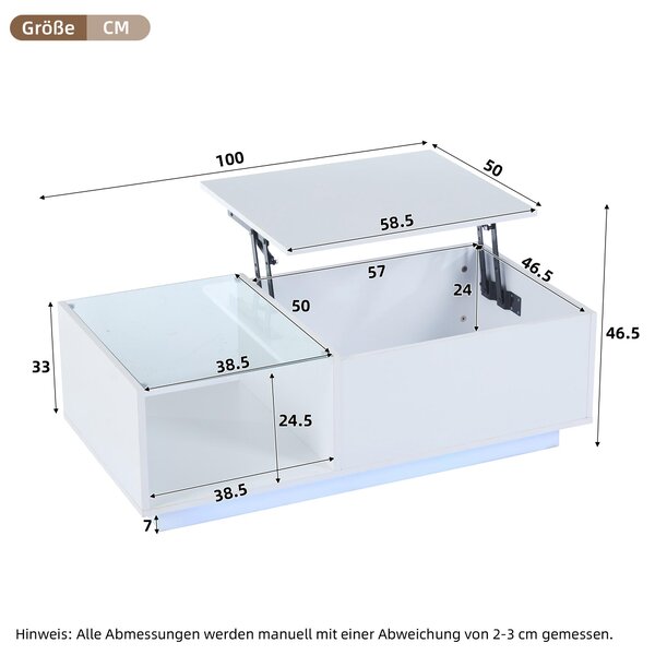Lift-Up Coffee Table with Space-Saving Hidden and Open Storage, Desk with LED App-Controlled Lighting, 100L x 50W x 33H cm, White Aosom UK