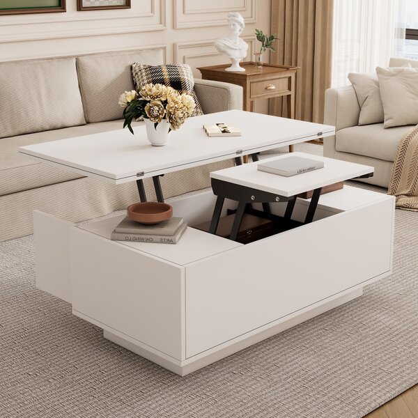 Lift-Up Coffee Table With 2 Doors, 2 Liftable Tops, 2 Cabinets, Particleboard Centre Desk With Hidden Storage, 100L x 50W x 55.5H cm, White Aosom UK
