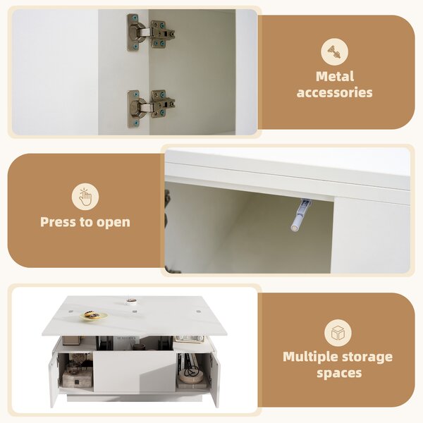 Lift-Up Coffee Table With 2 Doors, 2 Liftable Tops, 2 Cabinets, Particleboard Centre Desk With Hidden Storage, 100L x 50W x 55.5H cm, White Aosom UK