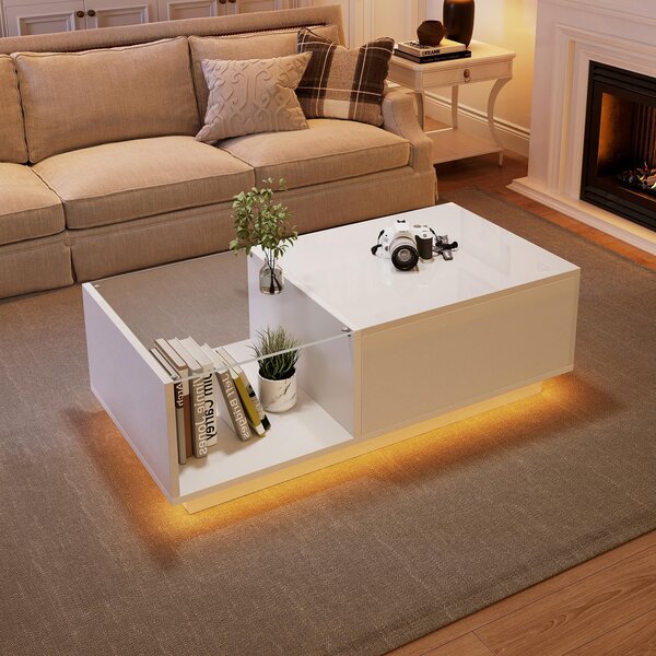Lift-Up Coffee Table with Space-Saving Hidden and Open Storage, Desk with LED App-Controlled Lighting, 100L x 50W x 33H cm, White Aosom UK