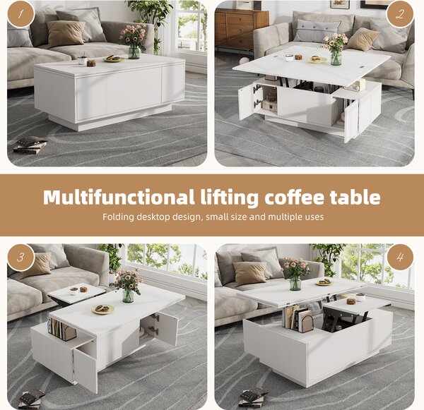 Lift-Up Coffee Table With 2 Doors, 2 Liftable Tops, 2 Cabinets, Particleboard Centre Desk With Hidden Storage, 100L x 50W x 55.5H cm, White Aosom UK