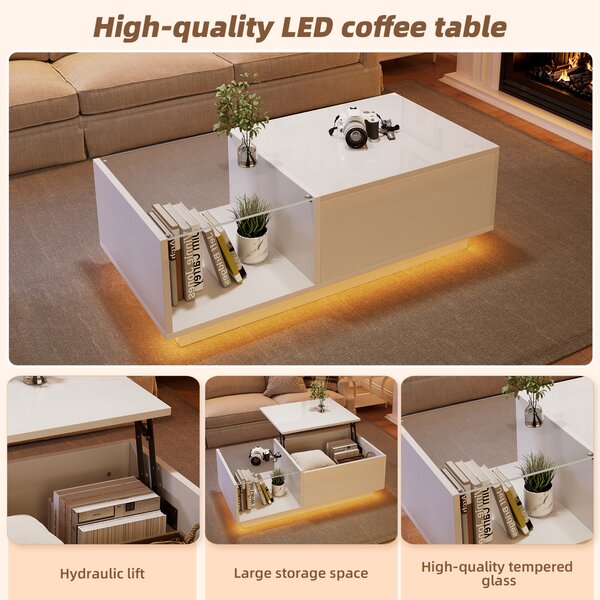 Lift-Up Coffee Table with Space-Saving Hidden and Open Storage, Desk with LED App-Controlled Lighting, 100L x 50W x 33H cm, White Aosom UK