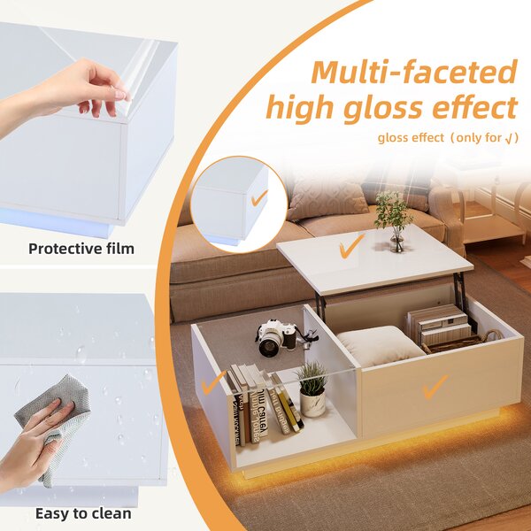 Lift-Up Coffee Table with Space-Saving Hidden and Open Storage, Desk with LED App-Controlled Lighting, 100L x 50W x 33H cm, White Aosom UK