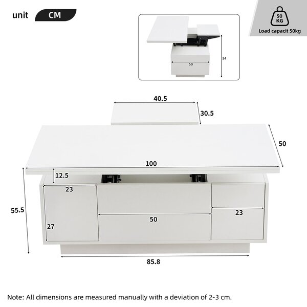 Lift-Up Coffee Table With 2 Doors, 2 Liftable Tops, 2 Cabinets, Particleboard Centre Desk With Hidden Storage, 100L x 50W x 55.5H cm, White Aosom UK