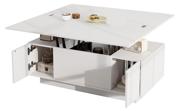 Lift-Up Coffee Table With 2 Doors, 2 Liftable Tops, 2 Cabinets, Particleboard Centre Desk With Hidden Storage, 100L x 50W x 55.5H cm, White Aosom UK