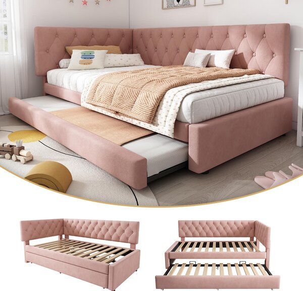 Upholstered Daybed with Pull-Out Trundle and Slatted Base, Velvet Single Sofa Bed for Adults and Kids, 202L x 105W x 83H cm, Pink Aosom UK