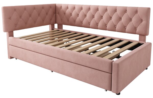 Upholstered Daybed with Pull-Out Trundle and Slatted Base, Velvet Single Sofa Bed for Adults and Kids, 202L x 105W x 83H cm, Pink Aosom UK
