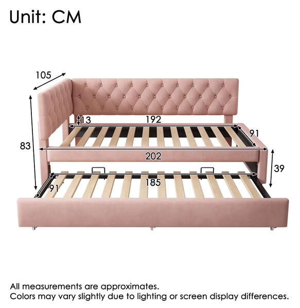 Upholstered Daybed with Pull-Out Trundle and Slatted Base, Velvet Single Sofa Bed for Adults and Kids, 202L x 105W x 83H cm, Pink Aosom UK