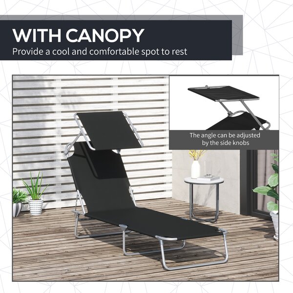 Outsunny 2 Pcs Outdoor Foldable Sun Lounger Set w/ Removeable Shade Canopy, Patio Recliner Sun Lounger w/ Adjustable Backrest w/ Mesh Fabric, Black