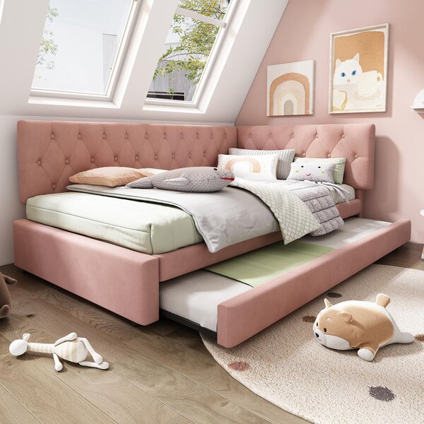 Upholstered Daybed with Pull-Out Trundle and Slatted Base, Velvet Single Sofa Bed for Adults and Kids, 202L x 105W x 83H cm, Pink Aosom UK