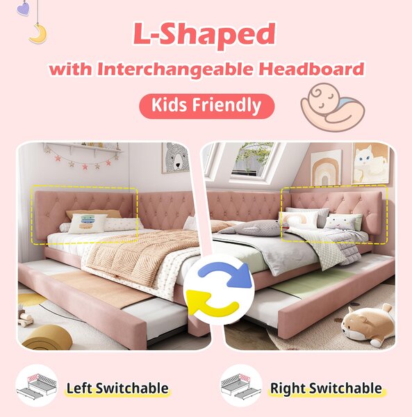 Upholstered Daybed with Pull-Out Trundle and Slatted Base, Velvet Single Sofa Bed for Adults and Kids, 202L x 105W x 83H cm, Pink Aosom UK