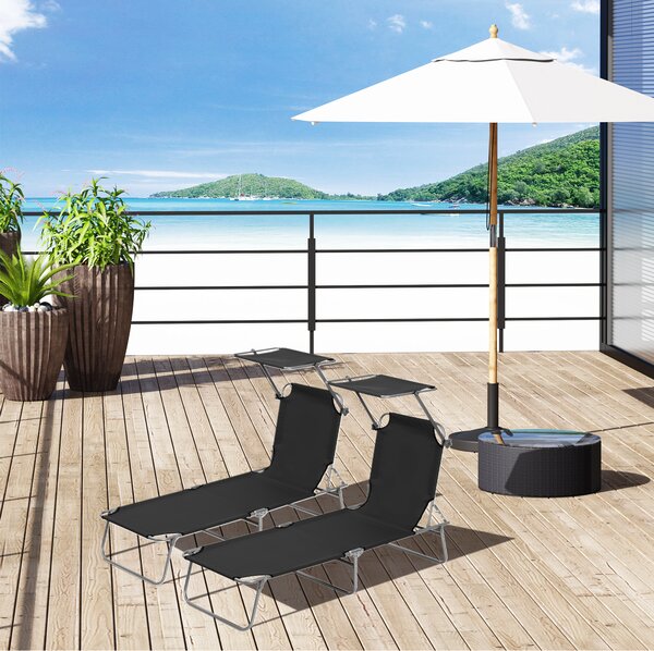 Outsunny 2 Pcs Outdoor Foldable Sun Lounger Set w/ Removeable Shade Canopy, Patio Recliner Sun Lounger w/ Adjustable Backrest w/ Mesh Fabric, Black