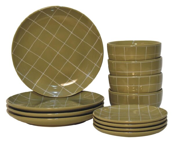 Dahlia 12-Piece Dinner Set for 4 with Smooth Timeless Finish, Ceramic Serveware Ideal for Everyday Use, 25.5L x 25.5W x 3H cm, Olive Green Aosom UK