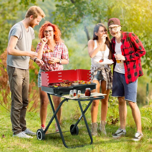 Outsunny BBQ Grill Charcoal Barbecue Grill Garden Foldable BBQ Trolley w/ Windshield, Wheels, Side Trays, Red/Black Aosom UK