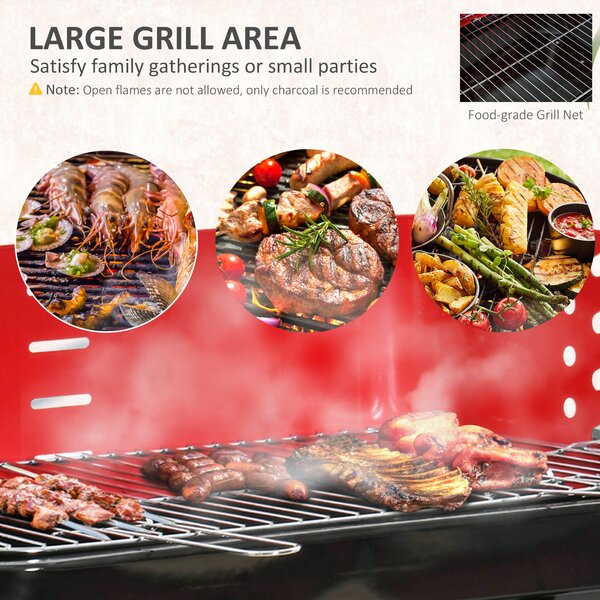 Outsunny BBQ Grill Charcoal Barbecue Grill Garden Foldable BBQ Trolley w/ Windshield, Wheels, Side Trays, Red/Black Aosom UK