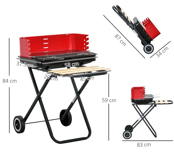 Outsunny BBQ Grill Charcoal Barbecue Grill Garden Foldable BBQ Trolley w/ Windshield, Wheels, Side Trays, Red/Black Aosom UK