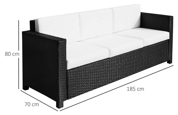 Outsunny 3 Seater Rattan Sofa All Weather Outdoor Sofa with Wicker Weave, Metal Frame and Fire Resistant Cushion, Black Aosom UK