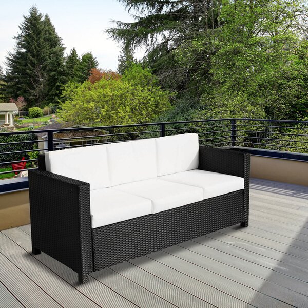 Outsunny 3 Seater Rattan Sofa All Weather Outdoor Sofa with Wicker Weave, Metal Frame and Fire Resistant Cushion, Black Aosom UK
