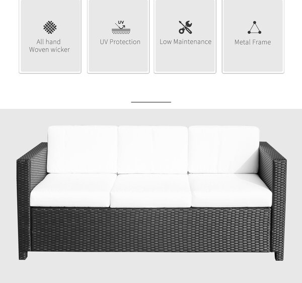 Outsunny 3 Seater Rattan Sofa All Weather Outdoor Sofa with Wicker Weave, Metal Frame and Fire Resistant Cushion, Black Aosom UK