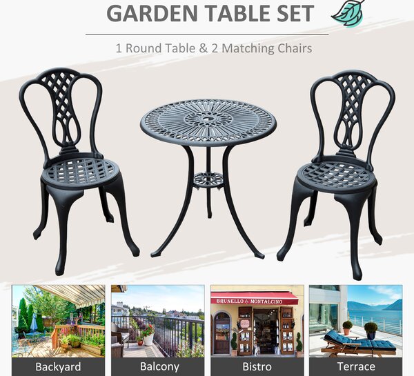 HOMCOM 3 Piece Patio Cast Aluminium Bistro Set Garden Outdoor Furniture Table and Chairs Shabby Chic Style Aosom UK
